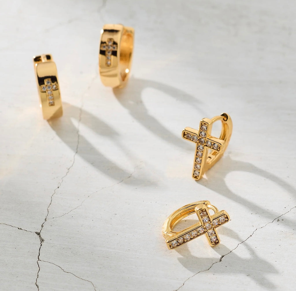 Ridge Cross Huggie Hoop Earring