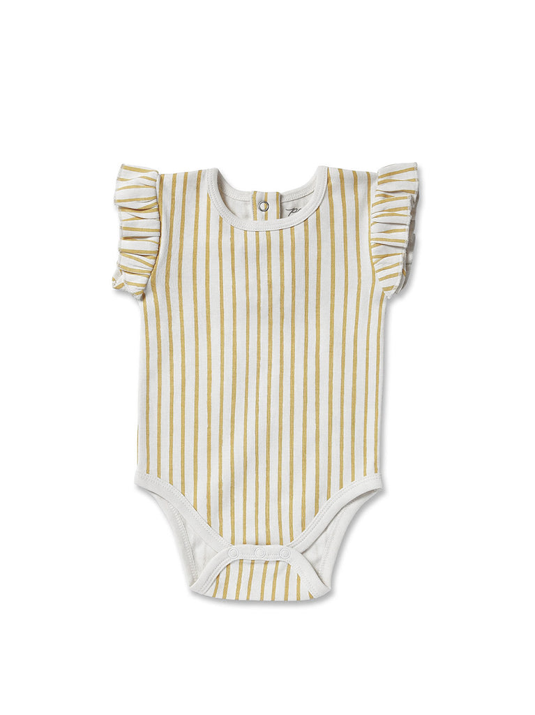 Pehr Stripes Away Marigold Ruffle Onesie
